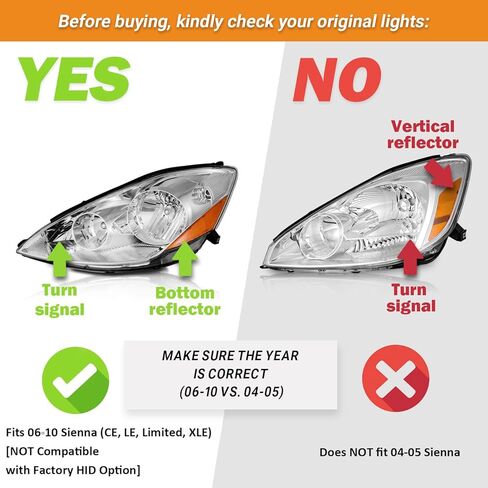 Headlights Assembly for 2006-2010 Toyota Sienna Minivan (All Trims: CE, LE, XLE) & Cargo Van Halogen Headlamp Replacement, High/Low Beam W/Bulbs, Driver & Passenger Side in Kuwait