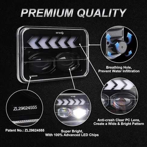 4 PCS DOT 4x6 Headlights with Sequential Turn signals Rectangular Replacement H4651 H4652 H4656 H4666 H6545 Compatible with Peterbilt Kenworth Freightliner Ford Probe Oldsmobile Cutlass in Saudi Arabia