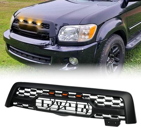 Front Grill Compatible With Sequoia 2005 2006 2007 Matte Black Front Bumper Grille With Accessories/Letters/Amber Light Up in Kuwait