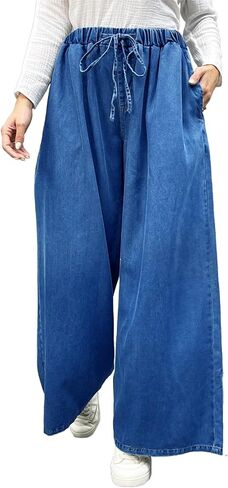 بنطال جينز فضفاض واسع الأرجل للنساء مقاس كبير فضفاض وخصر مطاطي طويل من قماش الدنيم مع جيوب ورباط كاجوال in Kuwait