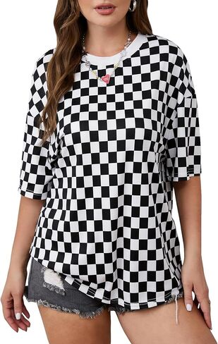 WDIRARA Women's Plaid Checkered T Shirts Crew Neck Short Sleeve Tee Tops in Saudi Arabia