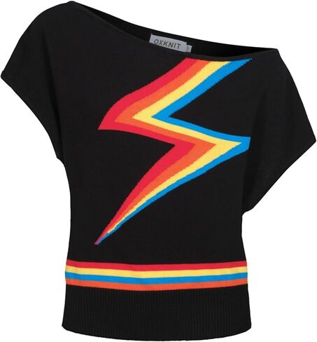OXKNIT Knit Off The Shoulder T-Shirt for Women, Retro Colorful Lightning Pattern Ribbed Tops Tee Shirts- Short Size in Kuwait