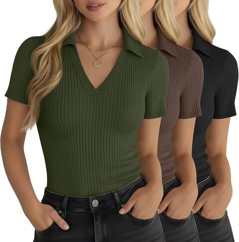 3 Pack Women's Cotton Ribbed Collared T Shirts Short Sleeve V Neck Summer Casual Shirts Tops Slim Fit in Kuwait