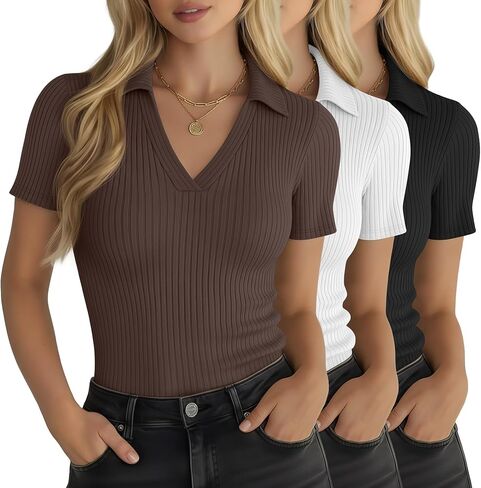 3 Pack Women's Cotton Ribbed Collared T Shirts Short Sleeve V Neck Summer Casual Shirts Tops Slim Fit in Kuwait