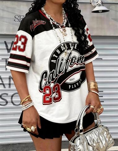 Women’s Jersey Shirts Y2k Graphic Number Oversized T Shirt Short Sleeve V Neck Casual Tees Streetwear Vintage Summer Top in Saudi Arabia