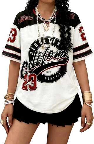 Women’s Jersey Shirts Y2k Graphic Number Oversized T Shirt Short Sleeve V Neck Casual Tees Streetwear Vintage Summer Top in Saudi Arabia