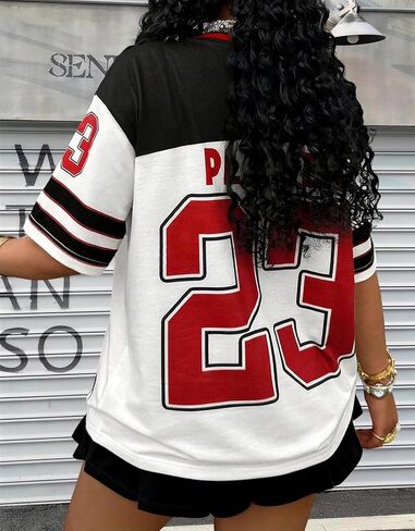 Women’s Jersey Shirts Y2k Graphic Number Oversized T Shirt Short Sleeve V Neck Casual Tees Streetwear Vintage Summer Top in Saudi Arabia