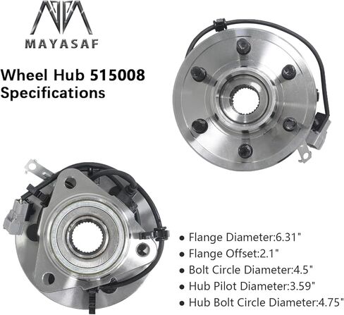 MAYASAF 515008 Front Left Driver Side Wheel Hub Bearing Assembly 6 Lug w/ABS [4WD Models 4-Wheel-ABS, Front Left] Fit 1997-2004 for Dodge Dakota, 1998-2003 for Dodge Durango in Saudi Arabia