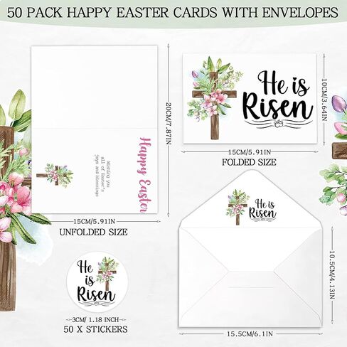 Roowest 50 Pack Easter Greeting Cards He Is Risen Cross Religious Cards 6 x 8'' with Envelopes and Stickers Inspirational Christian Spring Jesus Bible Alleluia Gift for Easter Church Priest in Saudi Arabia
