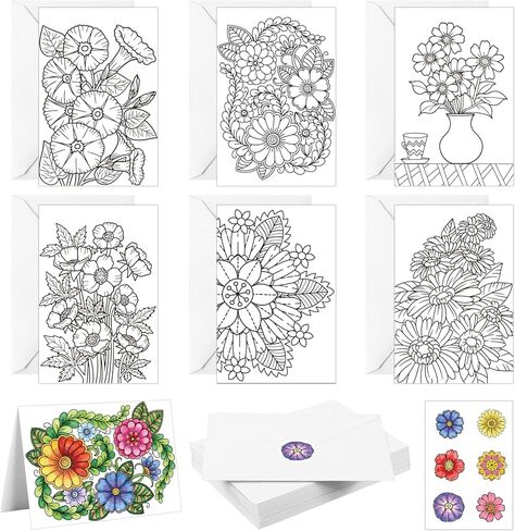 Gueevin 24 Pcs Flower Coloring Greeting Cards with Envelopes and Stickers Floral Color Your Own Postcards 4 x 6 Flower Thank You Note Cards for Adults Wedding Birthday Gifting DIY Crafts Mailing in Saudi Arabia