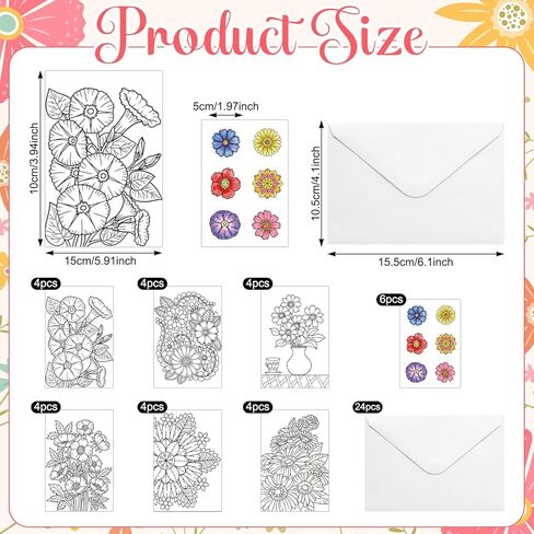 Gueevin 24 Pcs Flower Coloring Greeting Cards with Envelopes and Stickers Floral Color Your Own Postcards 4 x 6 Flower Thank You Note Cards for Adults Wedding Birthday Gifting DIY Crafts Mailing in Saudi Arabia