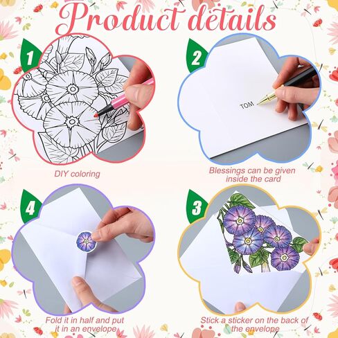 Gueevin 24 Pcs Flower Coloring Greeting Cards with Envelopes and Stickers Floral Color Your Own Postcards 4 x 6 Flower Thank You Note Cards for Adults Wedding Birthday Gifting DIY Crafts Mailing in Saudi Arabia