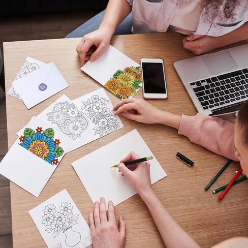 Gueevin 24 Pcs Flower Coloring Greeting Cards with Envelopes and Stickers Floral Color Your Own Postcards 4 x 6 Flower Thank You Note Cards for Adults Wedding Birthday Gifting DIY Crafts Mailing in Saudi Arabia