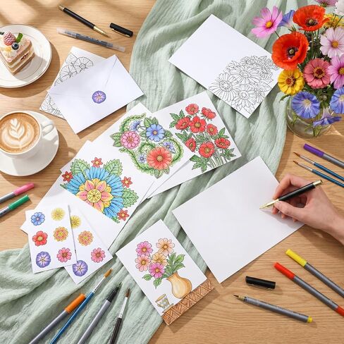 Gueevin 24 Pcs Flower Coloring Greeting Cards with Envelopes and Stickers Floral Color Your Own Postcards 4 x 6 Flower Thank You Note Cards for Adults Wedding Birthday Gifting DIY Crafts Mailing in Saudi Arabia