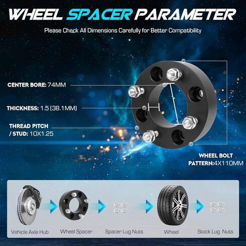 فواصل عجلات 4 × 110 مم 1.5 بوصة (38.1 مم) مقاس 74 مم لسيارة Honda Foreman Rancher TRX450R Recon Rincon Sportrax، 10 × 1.25 مسامير و4 محولات عجلات تناسب سوزوكي إيجر كينج كواد أوزارك فينسون، مجموعة من 4 in Kuwait