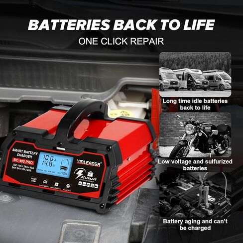 شاحن بطارية 40 أمبير، شاحن بطارية ذكي من حمض الرصاص 12 فولت/24 فولت، شاحن 12 فولت LiFePO4 لبطارية السيارة، جهاز صيانة تلقائي للبطارية للسيارة والدراجة النارية وجزازة العشب وبطاريات حمض الرصاص للقوارب البحرية in Kuwait