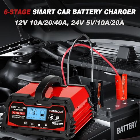 شاحن بطارية 40 أمبير، شاحن بطارية ذكي من حمض الرصاص 12 فولت/24 فولت، شاحن 12 فولت LiFePO4 لبطارية السيارة، جهاز صيانة تلقائي للبطارية للسيارة والدراجة النارية وجزازة العشب وبطاريات حمض الرصاص للقوارب البحرية in Kuwait