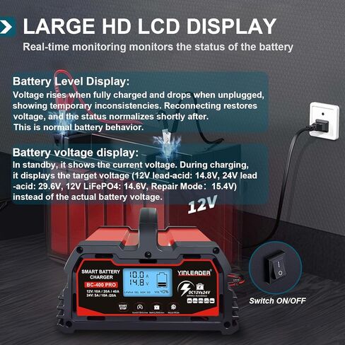 شاحن بطارية 40 أمبير، شاحن بطارية ذكي من حمض الرصاص 12 فولت/24 فولت، شاحن 12 فولت LiFePO4 لبطارية السيارة، جهاز صيانة تلقائي للبطارية للسيارة والدراجة النارية وجزازة العشب وبطاريات حمض الرصاص للقوارب البحرية in Kuwait