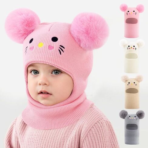 Pink Knit Balaclava Beanie and Neck Warmer hat,cat Embroidery, Stretch Fit, Suitable, Daily and Casual Wear, Birthday, Holiday Party, Autumn and Winter, Christmas, Halloween in Saudi Arabia