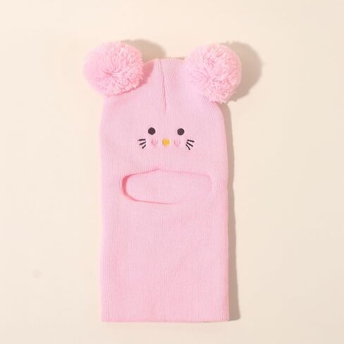 Pink Knit Balaclava Beanie and Neck Warmer hat,cat Embroidery, Stretch Fit, Suitable, Daily and Casual Wear, Birthday, Holiday Party, Autumn and Winter, Christmas, Halloween in Saudi Arabia