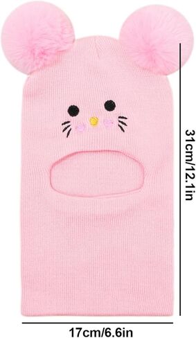 Pink Knit Balaclava Beanie and Neck Warmer hat,cat Embroidery, Stretch Fit, Suitable, Daily and Casual Wear, Birthday, Holiday Party, Autumn and Winter, Christmas, Halloween in Saudi Arabia