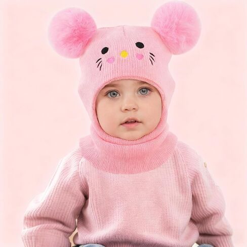 Pink Knit Balaclava Beanie and Neck Warmer hat,cat Embroidery, Stretch Fit, Suitable, Daily and Casual Wear, Birthday, Holiday Party, Autumn and Winter, Christmas, Halloween in Saudi Arabia