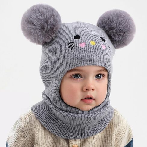 Pink Knit Balaclava Beanie and Neck Warmer hat,cat Embroidery, Stretch Fit, Suitable, Daily and Casual Wear, Birthday, Holiday Party, Autumn and Winter, Christmas, Halloween in Saudi Arabia