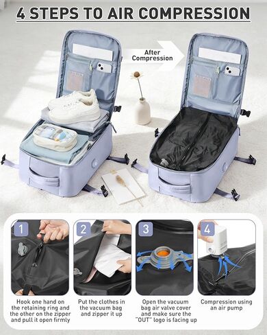 حقيبة ظهر بختم مفرغ للسفر مع مضخة هواء مضغوطة، حقيبة نهارية تحمل على متن الطائرة، معتمدة من Vacpack، حقائب كمبيوتر محمول موفرة للمساحة مع نظام تفريغ، حقيبة سفر للنساء والرجال، أرجواني داكن in Kuwait