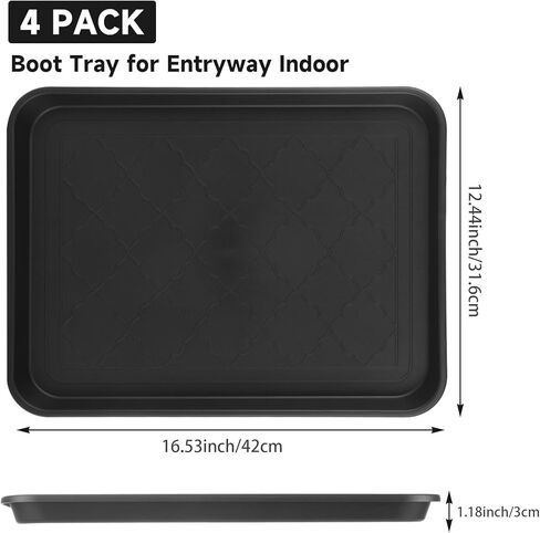 4 PCS Boot Trays for Entryway, 16x12 Inch Waterproof Shoe Tray with Raised Edge, Wet Shoe Matt Tray for Entryway,Plastic Boot Mat Indoor Shoe Mat, Pet Food Tray for Boots, Garden, Pets - Black in Kuwait