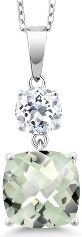 Gem Stone King 925 Sterling Silver Green Prasiolite and White Topaz Pendant Necklace For Women (4.65 Cttw, Gemstone Birthstone, Cushion Checkerboard 10MM, Round 6MM) in Kuwait