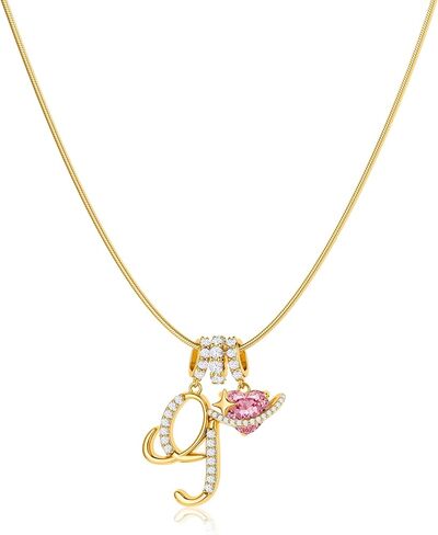 14K Gold Plated Initial Necklace for Women, Pink Planet Heart Letter Pendant with Round Herringbone Chain, Non-Tarnish Jewelry Gift for Her in Kuwait