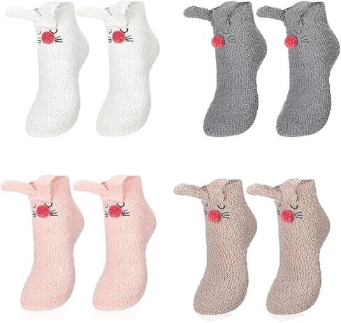 4 Pairs Easter Fuzzy Socks,Bunny Thicker Slipper Socks,Women's Cute 3D Animal Fuzzy-Socks,Fluffy Sleeping Thermal Fleece Plush Sock,Fluffy Cozy Funny Winter Gifts Sock for Women in Kuwait
