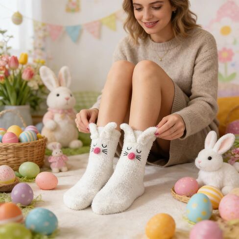 4 Pairs Easter Fuzzy Socks,Bunny Thicker Slipper Socks,Women's Cute 3D Animal Fuzzy-Socks,Fluffy Sleeping Thermal Fleece Plush Sock,Fluffy Cozy Funny Winter Gifts Sock for Women in Kuwait