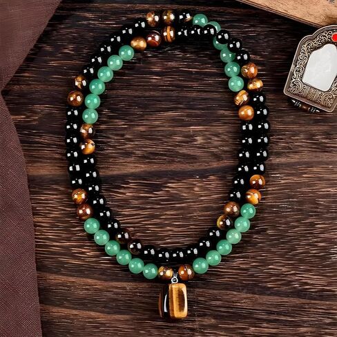 Money Necklace Long Crystal Beaded Necklace Money Attraction Necklaces Spiritual Protection Jewelry Feng Shui Wealth Obsidian Tiger Eye Jade Jewelry Gifts for Women Men in Saudi Arabia