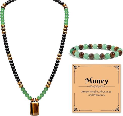 Money Necklace Long Crystal Beaded Necklace Money Attraction Necklaces Spiritual Protection Jewelry Feng Shui Wealth Obsidian Tiger Eye Jade Jewelry Gifts for Women Men in Saudi Arabia