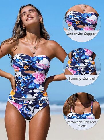 popvil Women's Bandeau One Piece Swimsuit with Removable Straps Push Up Tummy Control Bathing Suit Support Slimming Swimwear in Saudi Arabia
