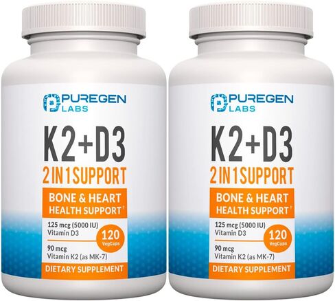 2 in 1 High Potency Formula 90mcg Vitamin K2 (MK7) and 5000 IU Vitamin D3 Supplement for Bone and Heart Health. Non-GMO Formula, Easy to Swallow Vitamin D & K Complex, 120 Capsules I 4-month supply in Saudi Arabia
