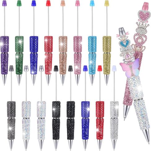 16 قطعة قلم لامع قابل للخرز، أقلام فاخرة من حجر الراين بالكامل للخرز، أقلام يومية لطيفة، أقلام ألماس متعددة الألوان، أقلام حبر جاف ممتعة للنساء، لوازم مكتبية يدوية الصنع in Kuwait