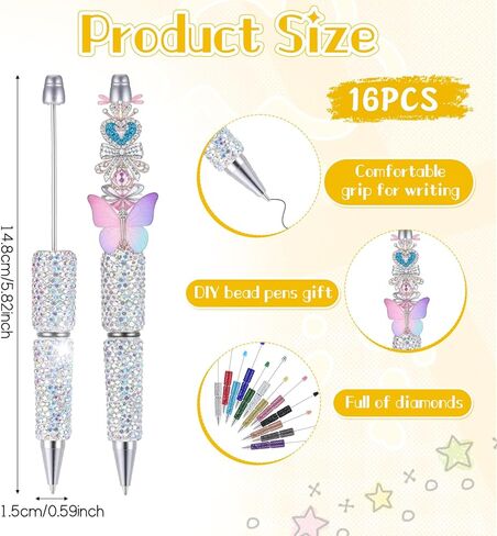 16 قطعة قلم لامع قابل للخرز، أقلام فاخرة من حجر الراين بالكامل للخرز، أقلام يومية لطيفة، أقلام ألماس متعددة الألوان، أقلام حبر جاف ممتعة للنساء، لوازم مكتبية يدوية الصنع in Kuwait