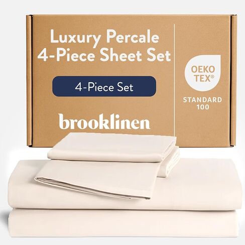 Brooklinen Luxury Percale 4 قطعة مجموعة - 100 ٪ من القطن ، بحجم كوين في الكريمة - 1 ورقة مجهزة ، ورقة مسطحة ، 2 وسادة | أفضل ملاءات للنوم الساخن in Kuwait