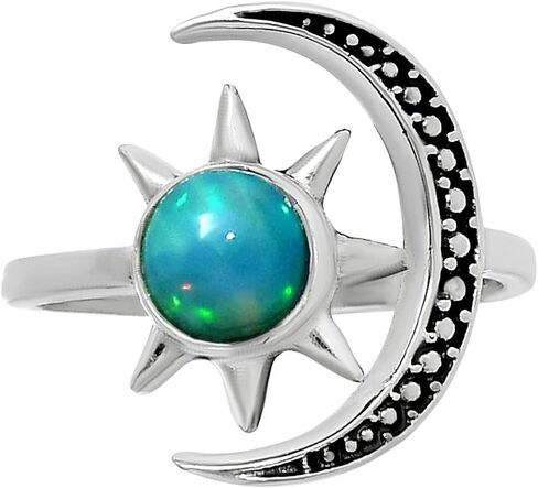925 Sterling Silver with Sleeping Beauty Turquoise, Lapis Lazuli, Rainbow Moonstone & Ethiopian Opal Jewelry for Women – Adjustable Gift Ring AGR1038 in Saudi Arabia