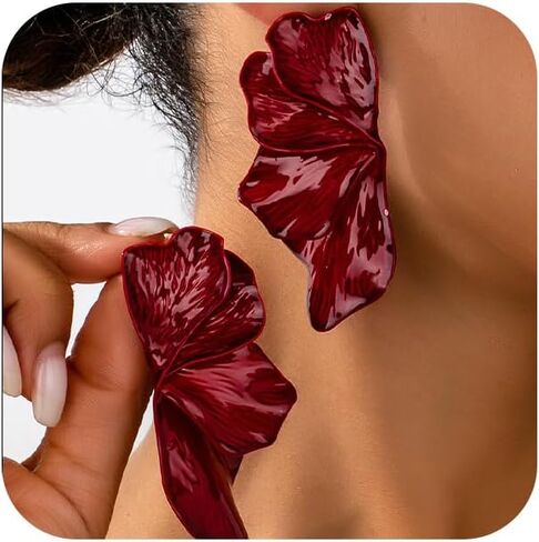 Vintage Red Leaf Texture Flower Petal Earrings for Women, Exaggerated Statement Oil Drip Large Leaves Stud Earring Chunky Holiday Party Jewelry Gifts in Saudi Arabia
