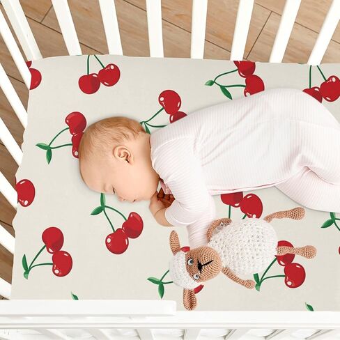 Pfrewn Crib Sheets for Boys Girls Retro Sweet Cherry Fitted Crib Sheet Fits Standard Crib Mattress Pads Stretch Soft Toddler Baby Sheet, 52x28x9IN in Kuwait