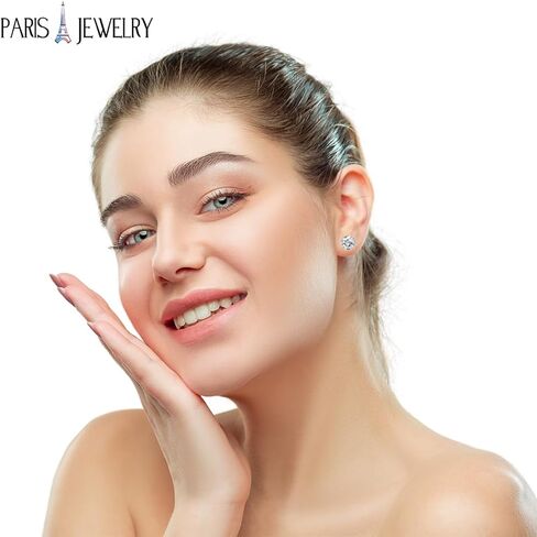 أقراط دائرية مطلية بالذهب الأبيض عيار 18 قيراط، مجوهرات جوهرة الميلاد من الألماس الأبيض مقاس 4 مم، هدية للنساء - Paris Jewelry® in Kuwait