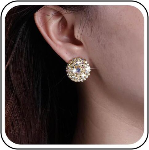 Round Rhinestone Earrings Gold Full Crystal Stud Earrings Cluster Cubic Zirconia Wedding Earrings Sparkly Colorful Rhinestone Earrings CZ Circle Glitter Earrings Earrings Jewelry for Women in Saudi Arabia