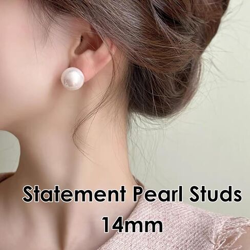 HUGE TOMATO 18K Gold Plated 925 Sterling Silver Shell Pearl Stud Earrings, Big Simulated Pearl Earrings for Women - Oversized Classic Faux Round Large Ear Studs, Hypoallergenic Safe for Sensitive Ears in Kuwait