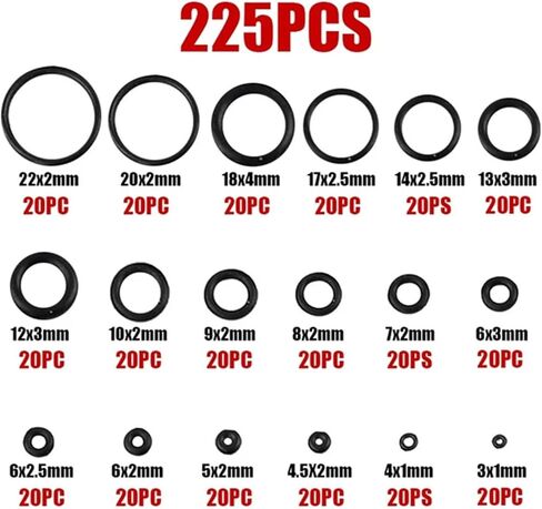 225PCS Rubber O-Ring Oil Resistance O-Ring Washer Gasket Seals Watertightness Assortment Different Size With Plastic Box Kit Set in Kuwait