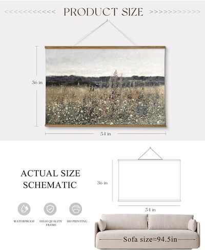 ARPEOTCY Extra Large Vintage Framed Wall Art, 36x54 Inch Flower Meadow Landscape Hanging Framed Wall Art Decor for Living Room Bedroom, Canvas Prints, Retro Scenery Pictures Above of Bed in Kuwait