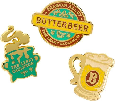 ConQuest Journals Harry Potter Butterbeer Gold Glitter Enamel Pins, 3-Pack Pin Set, Straight Post & Rubber Backers, Wizarding World Pins for Jackets, Tote Bags, Bookbags & More, Officially Licensed in Saudi Arabia