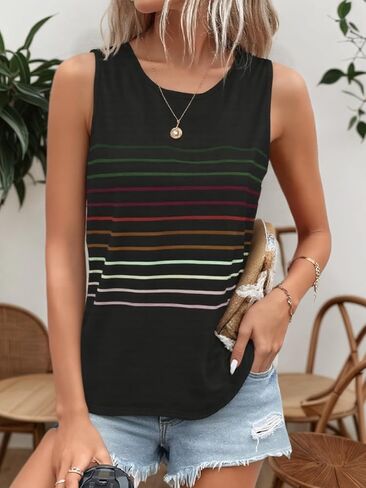 2026 Summer Womens Striped Sleeveless Tank Top, Casual Loose Fit Round Neck Vest Basic Trendy Beach Shirt Vacation Outfits in Saudi Arabia